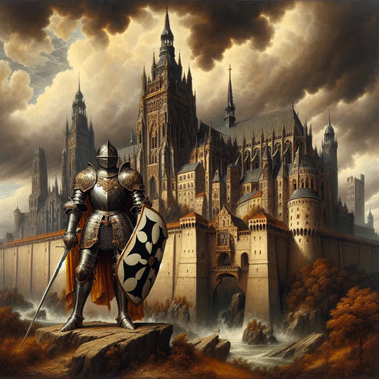 Medieval German knight in shining armor holding a shield with the Teutonic cross, standing before a gothic castle under a cloudy sky in a cinematic painting style.