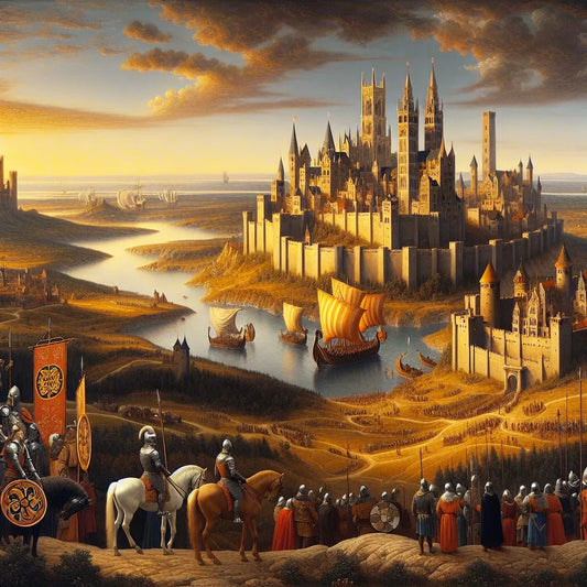 Medieval European map highlighting the Holy Roman Empire with castles and knights, Viking longship sailing along Northern coasts, rendered in cinematic 1960s historical epic style.
