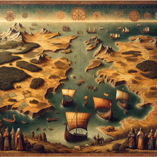 A detailed medieval-style map of Northern Europe highlighting ancient Germanic tribes and Viking territories with ships, villages, and mythological dragons in a warm, cinematic painting style.