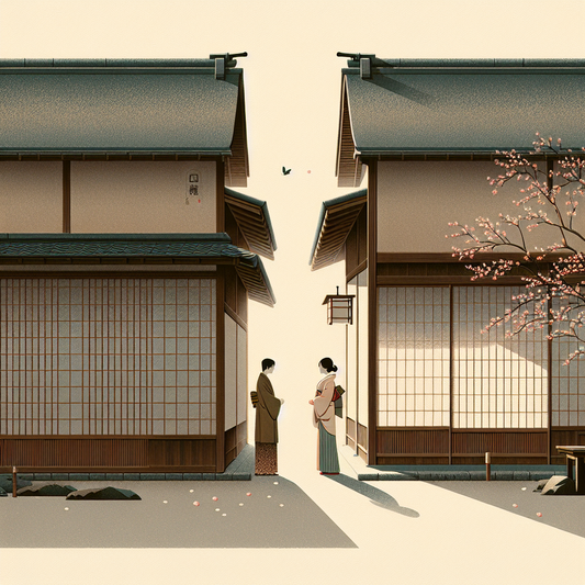 Minimalist portrayal of two figures on a Meiji-era Japanese street, one in traditional kimono and the other in early Western clothing, symbolizing cultural change with soft morning light and drifting cherry blossoms.