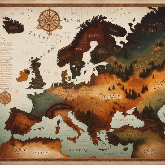 Artistic antique-toned map of Northern Europe during the Migration Period showing Germanic tribes Suebi, Teutonic, and Gothic with tribal symbols and ancient script overlays.