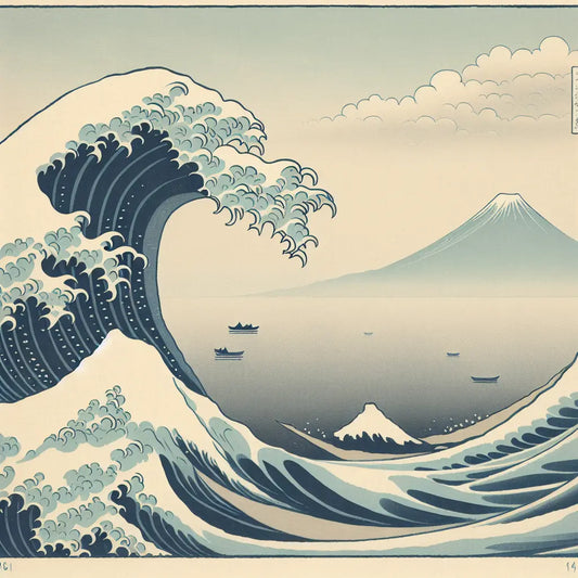 A serene minimalist Japanese-style wave with small boats and distant Mount Fuji in soft muted blues and beige, evoking traditional ukiyo-e art.