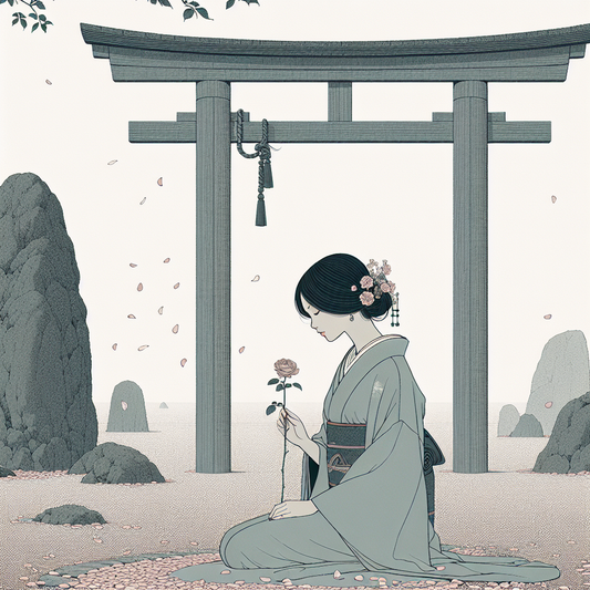 Minimalist elegant anime-inspired young woman in muted kimono holding a rose beneath a torii gate, surrounded by subtle traditional Japanese symbols and soft natural light.