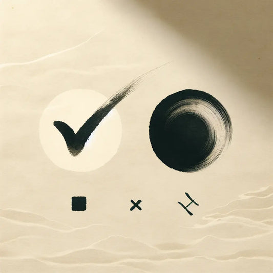 Minimalist illustration contrasting a Western tick mark and a Japanese enso circle side by side on a soft beige background with subtle brush textures, symbolizing cultural differences in correctness symbols with calm and clarity.