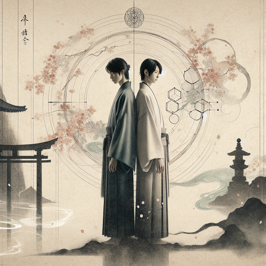 Minimalist traditional Japanese illustration of two brothers back to back surrounded by delicate alchemical symbols and soft mystical energy, symbolizing harmony and duality with serene atmosphere.