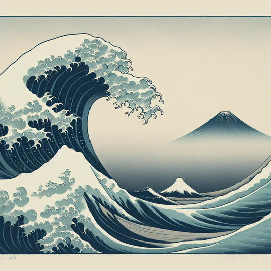 A minimalist Japanese ocean wave with soft blue and white foam, delicately rendered in ukiyo-e style, with Mount Fuji calmly visible under a clear sky in the distance.