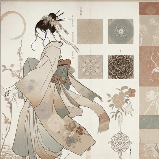 Minimalist Japanese-inspired scene featuring delicate henna patterns blending with nostalgic anime-style motifs, set in warm muted tones with floral and geometric designs, evoking calm and cultural harmony.