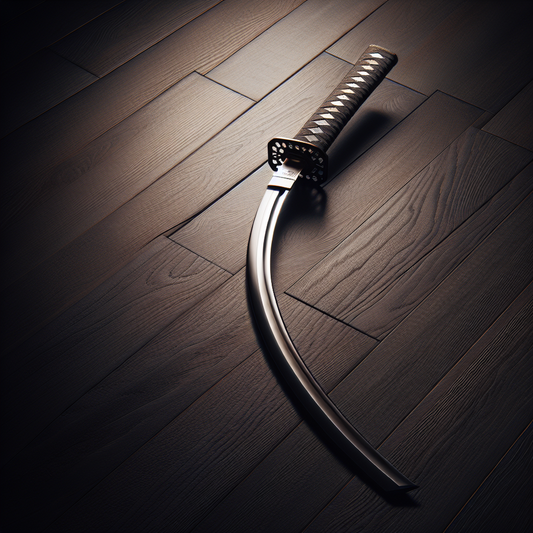 A traditional Japanese katana sword with a curved blade resting on a dark wooden surface, softly lit to show the hamon pattern symbolizing samurai heritage.