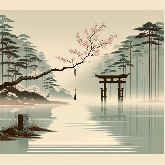 A serene traditional Japanese scene with a torii gate beside a calm pond and cherry blossoms drifting, rendered in a minimalist, muted palette reflecting timeless cultural beauty.