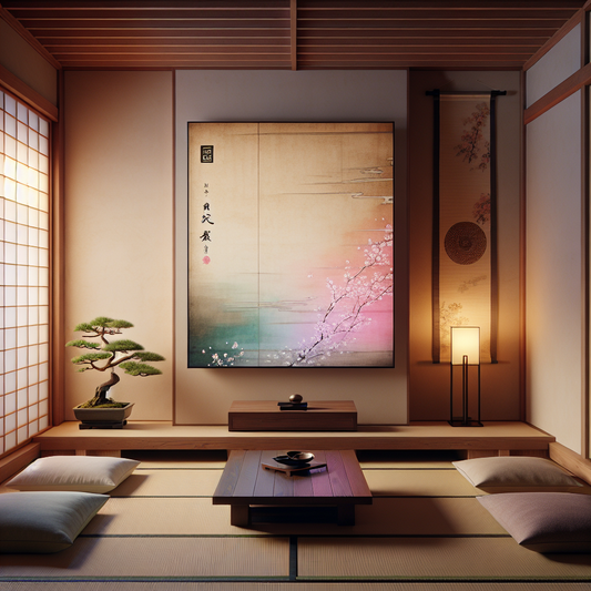 A quiet, elegant Japanese-style living room with soft evening light illuminating a TV screen glowing with abstract anime colors, blending traditional calm and modern enjoyment.