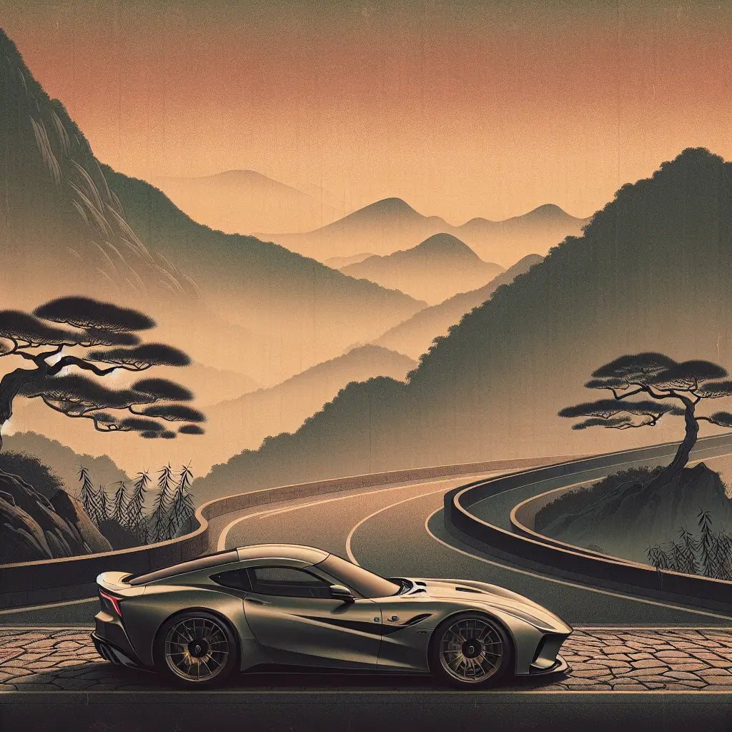 A minimalist scene depicting a sleek Japanese sports car on a winding mountain road at sunset with soft natural light and muted colors, evoking calm and traditional aesthetic.