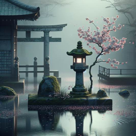 A moss-covered stone lantern beside a tranquil koi pond with floating sakura petals under a misty torii gate, minimalist and serene Japanese aesthetic.