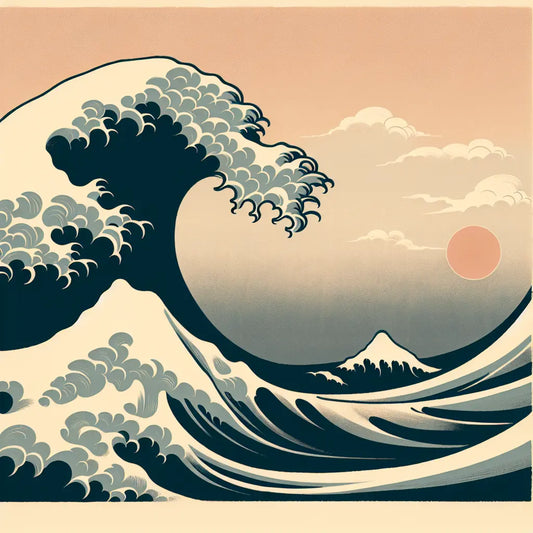 A minimalistic stylized Japanese wave inspired by Hokusai's Great Wave of Kanagawa, with soft pastel sunrise sky and traditional muted ukiyo-e colors, serene and balanced.