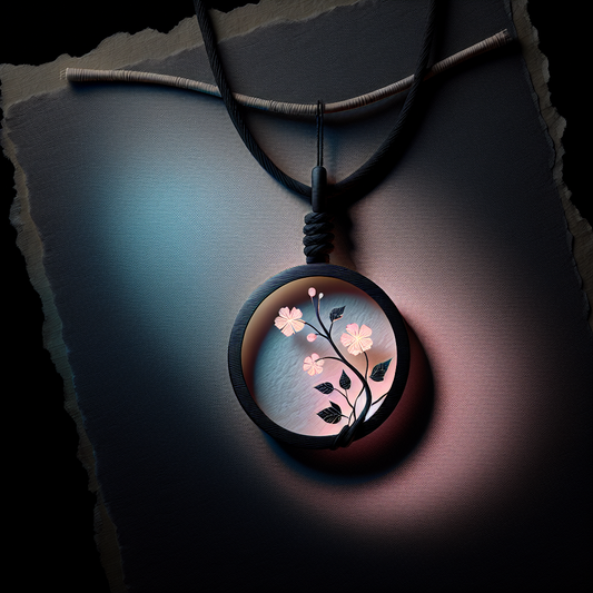 A minimalist jewelry piece blending traditional Japanese motifs with subtle glowing neon accents on a dark background, serene and elegant.