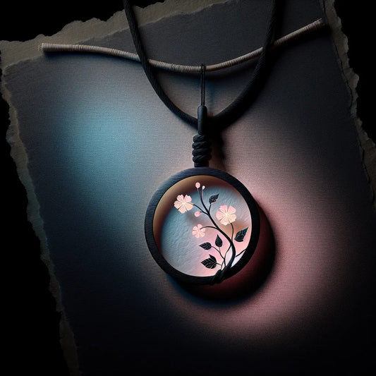 A minimalist jewelry piece blending traditional Japanese motifs with subtle glowing neon accents on a dark background, serene and elegant.