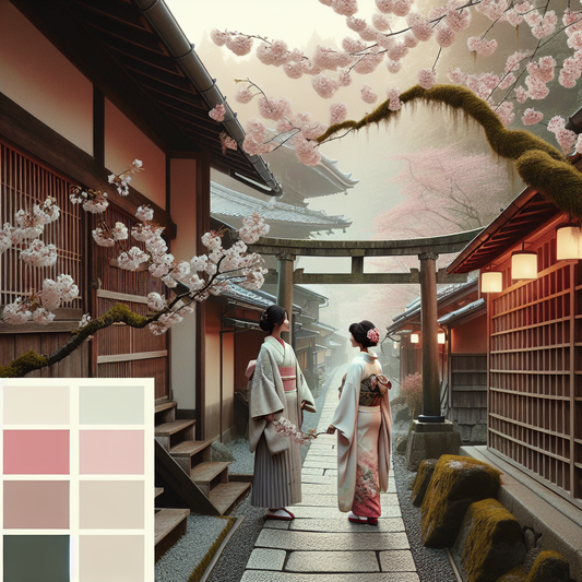 A quiet Kyoto alley with a simple torii gate and delicate cherry blossoms, two figures in flowing kimono with gentle expressions, soft pastel light and traditional textures — minimalistic and serene Japanese cultural scene.