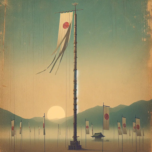 Minimalist traditional Japanese festival scene with subtle red Rising Sun banners fluttering under a soft pale blue sky, conveying calm community spirit.