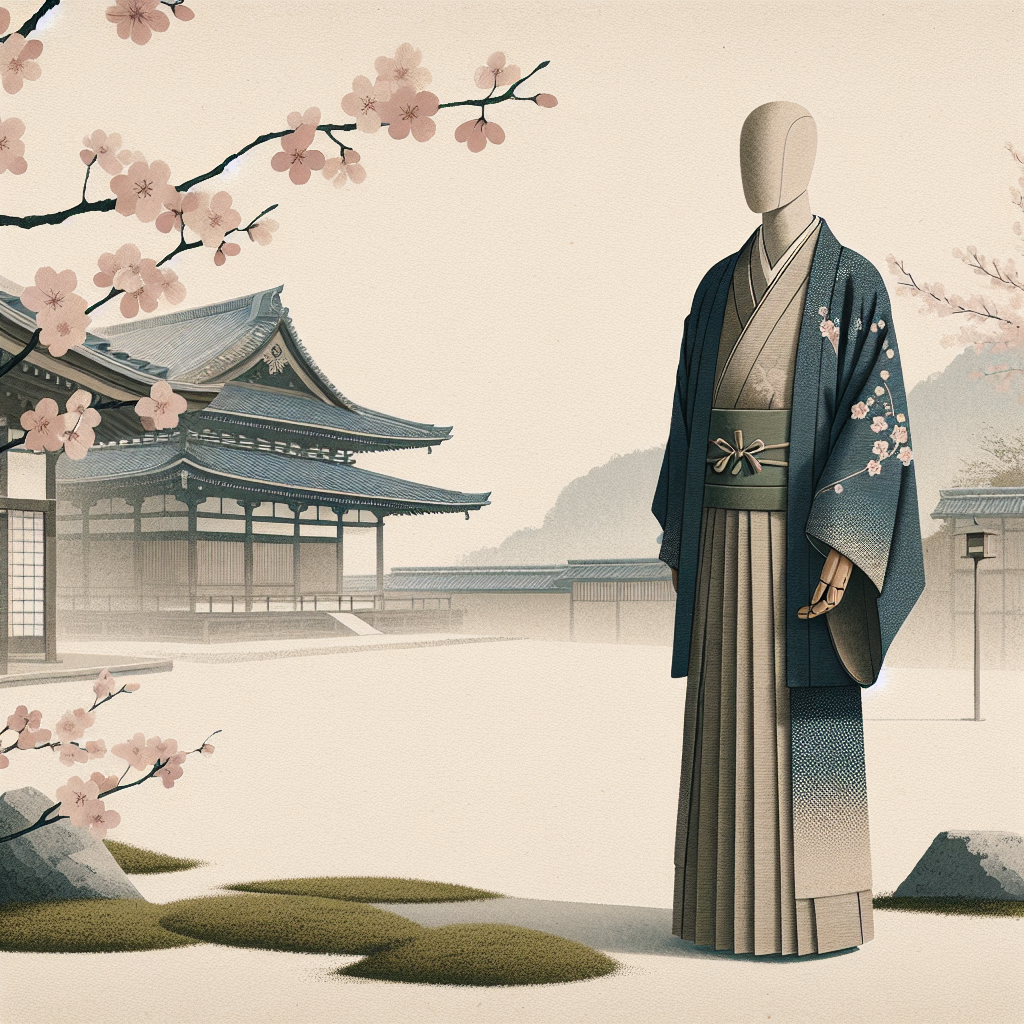 A quiet display of a traditional men's kimono on a mannequin in front of a softly lit historic temple with cherry blossoms, evoking calm, cultural elegance.
