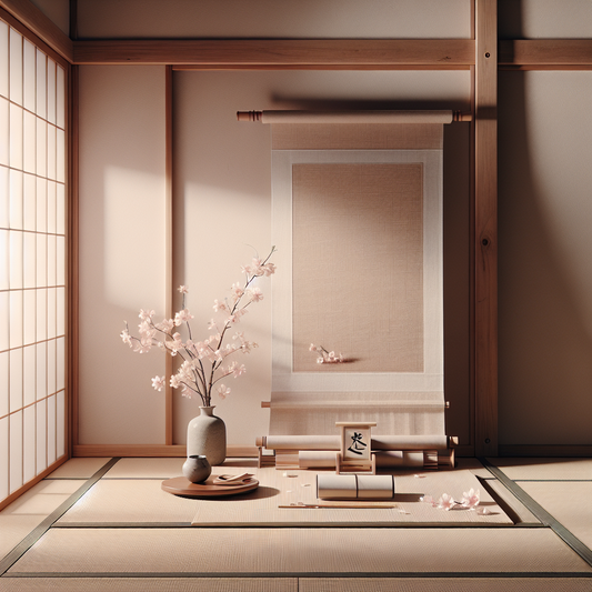 Minimalist traditional Japanese scene with soft morning light filtering through shoji screens onto a folded scroll and scattered cherry blossom petals, evoking calm and cultural reverence for art.