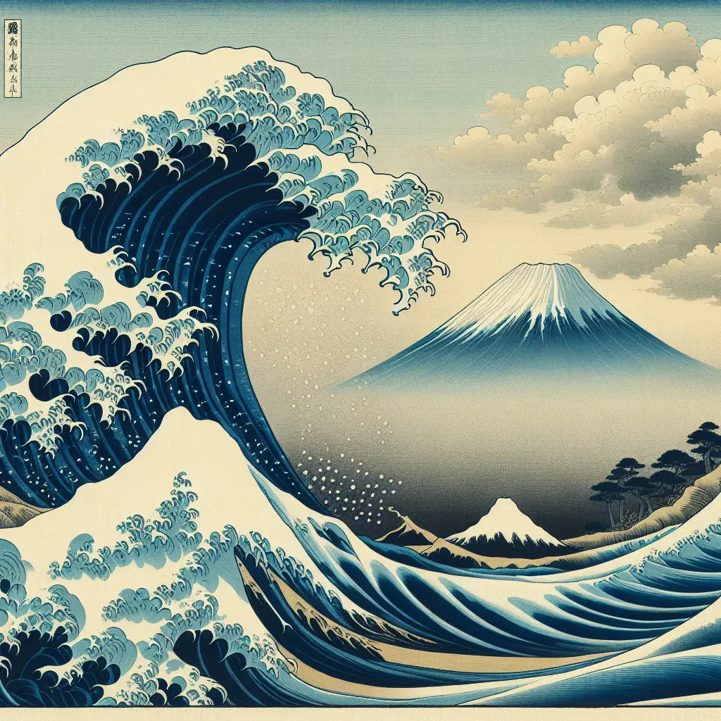 A large traditional Japanese ukiyo-e style ocean wave in deep blue and white, with Mount Fuji under a dramatic sky in the background, minimalist and elegant.