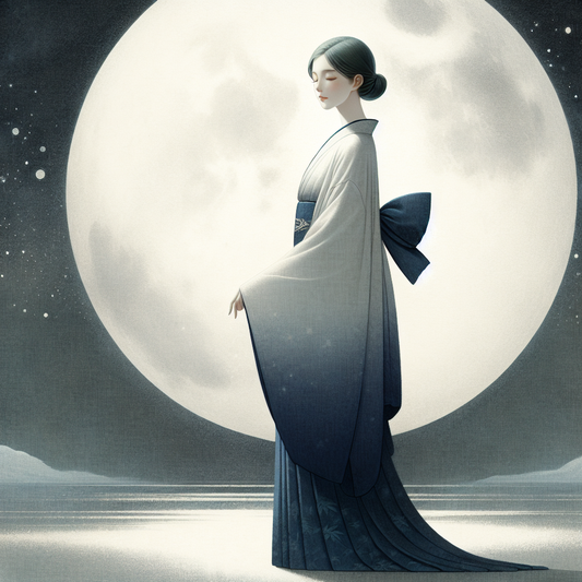 Elegant young woman in a simple sailor-inspired kimono standing under a glowing full moon with a delicate starry night background symbolizing quiet hope and friendship, minimalist Japanese style.