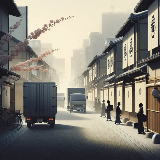 Minimalist Tokyo street scene with boxy Japanese cars on narrow roads alongside traditional wooden shops and soft pedestrian silhouettes, reflecting calm urban balance.