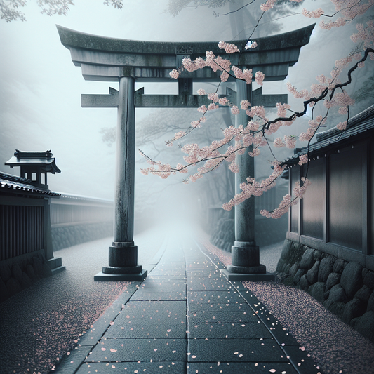 A quiet Kyoto alley with a weathered torii gate and soft pink cherry blossom petals drifting in gentle morning light, symbolizing strength and calm power in a minimalist Japanese style.