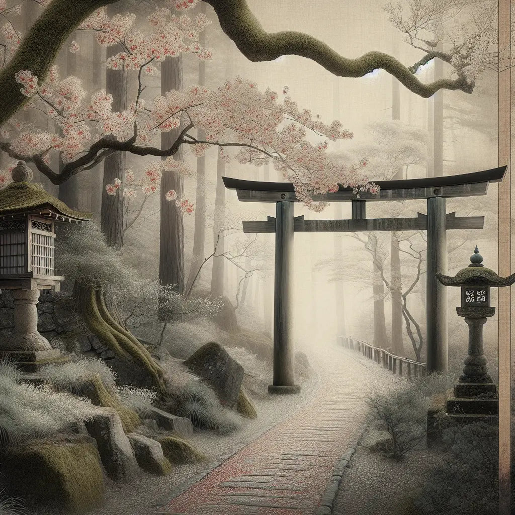 Minimalist Japanese scene of a torii gate with cherry blossoms and mist, evoking calm and traditional beauty.