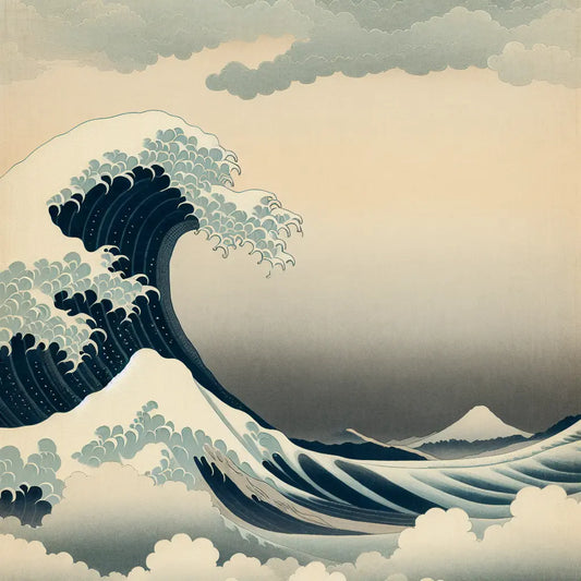 A minimalist artistic depiction of a large wave in traditional Japanese ukiyo-e style beneath a soft stormy sky, inspired by Hokusai’s The Great Wave, with muted colors and calm composition.