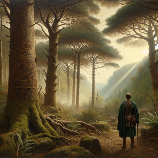 Misty ancient European forest with tall trees carved with Celtic symbols, bathed in warm light and shrouded in atmospheric mist, evoking the mystery of ancient Gaul.