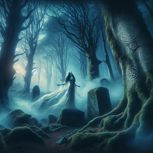 A ghostly female banshee wails in a misty twilight Irish forest, surrounded by faint glowing Celtic symbols, evoking ancient folklore and mystery.