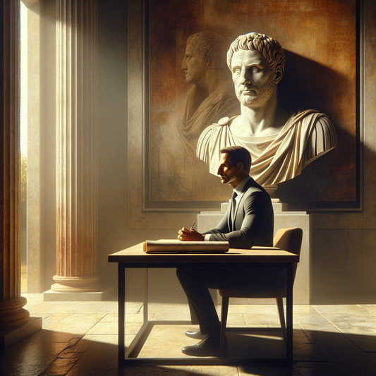 A modern CEO resembling Jeff Bezos sits thoughtfully at a minimalist desk in a scene blending contemporary style with ancient Roman Stoic imagery, including a bust of Marcus Aurelius and scrolls, evoking timeless leadership wisdom.