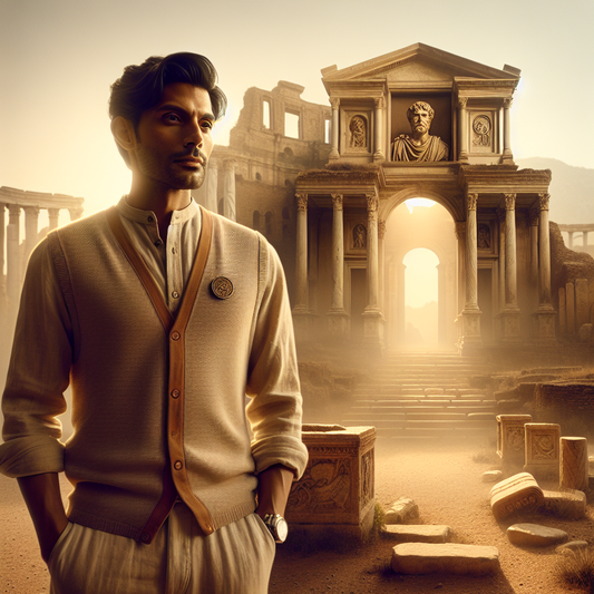 Modern person wearing an enamel pin of a stoic Roman philosopher, standing before ancient Roman ruins bathed in warm sunlight, styled as a 1960s historical epic painting.