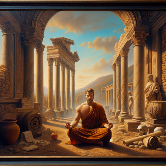 A thoughtful modern man practicing mindfulness in front of ancient Roman ruins, reflecting the blend of Stoic philosophy and contemporary lifestyle in a cinematic 1960s epic style.