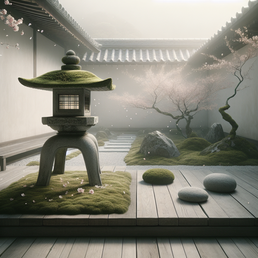 A moss-covered stone lantern beside a raked zen garden path under soft morning light with drifting cherry blossom petals, minimalist and serene Japanese scene.