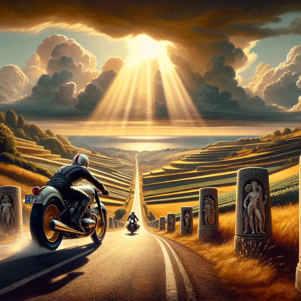 A motorcycle rider wearing a Germanic style helmet rides swiftly down a sunlit highway beneath a dramatic sky, blending Roman historical aesthetics with modern speed and heritage.
