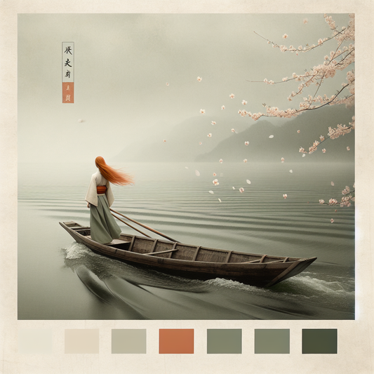 A serene Japanese-style depiction of a woman with flowing muted orange hair on a boat amidst gentle waves, framed by cherry blossom petals and subtle samurai motifs, minimalistic and culturally inspired.
