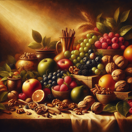 Close-up cinematic painting of fresh berries, green tea leaves, walnuts, and spices symbolizing natural sources of gallic acid in bright, warm daylight.