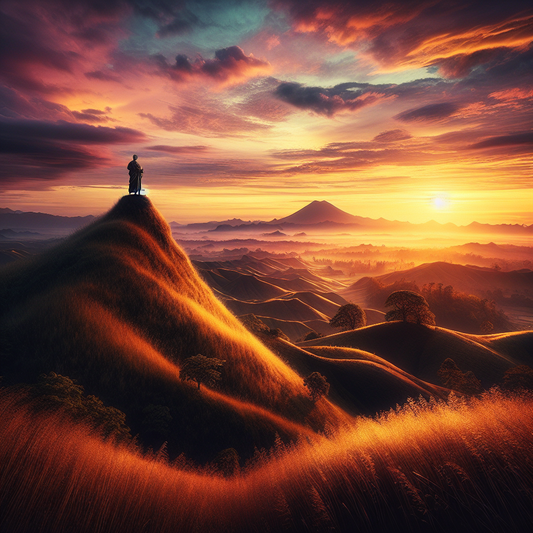 Serene sunset over a vast landscape, embodying Nietzsche's philosophy on life's transience.