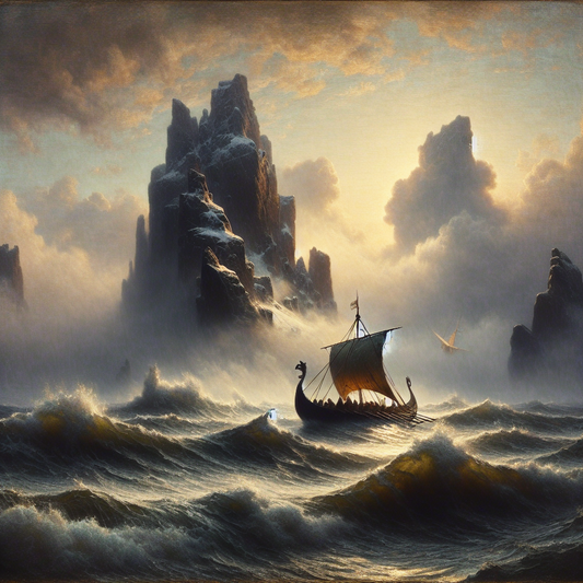 Viking longship sailing at dawn through misty northern seas with rugged islands, in a dramatic oil painting style inspired by 1960s cinematic historical epics.