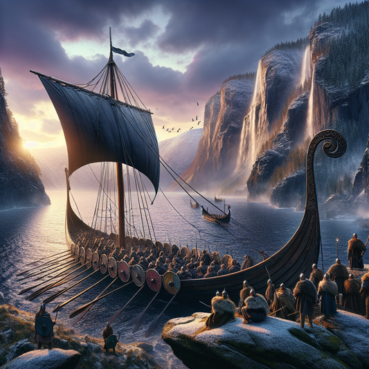 A panoramic cinematic painting showing towering snow-covered fjords, a Viking longship sailing in the foreground under a dramatic twilight sky, inspired by 1960s historical epics.