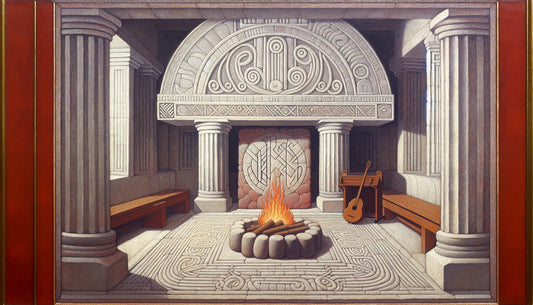 Fragment eines steinernen nordischen Hallsymbols mit Feuer und Runenmotiven auf hellem Hintergrund im Signum Stil