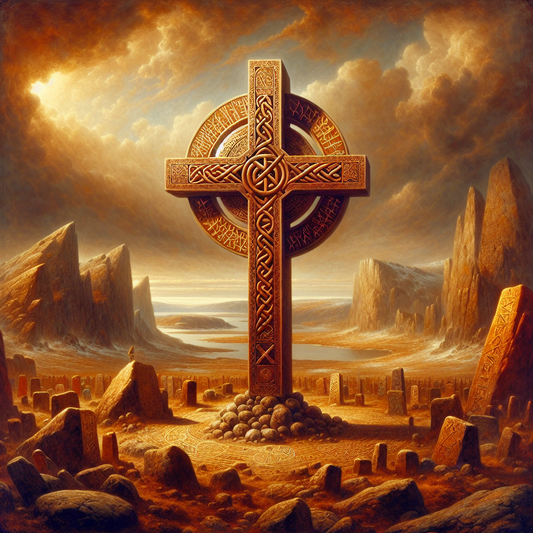 A richly detailed Norse Cross featuring Viking knotwork and Christian symbols, set against a warm-toned Nordic landscape with softly glowing ancient runes around it, in the style of a 1960s historical epic painting.