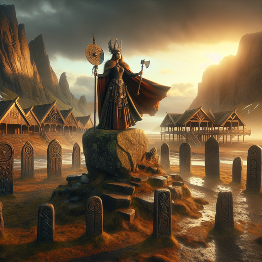 A cinematic painting of Norse gods and goddesses representing the days of the week, focusing on Frigg with a shield and axe symbolizing Germanic heritage, in a dramatic northern landscape.