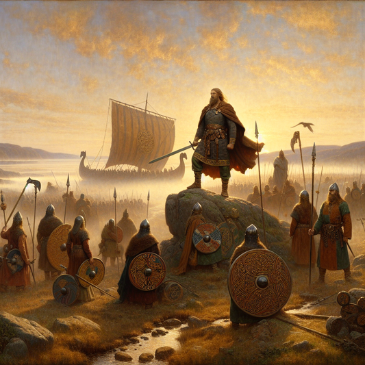 Dawn on a misty Celtic battlefield with a heroic figure in combined Norse and Gaelic warrior attire, a Viking longship sailing in the distant background, painted in the style of classic 1960s Roman historical epics.