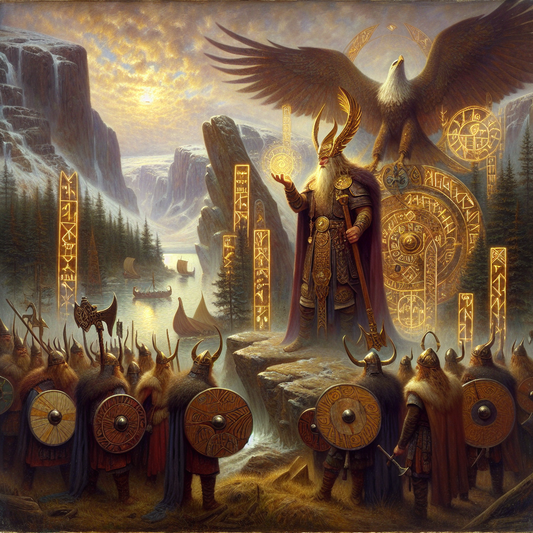 Odin wearing a golden ring and eagle helmet surrounded by Viking symbols and Norse runes in a mythological Nordic landscape, cinematic 1960s epic painting style.