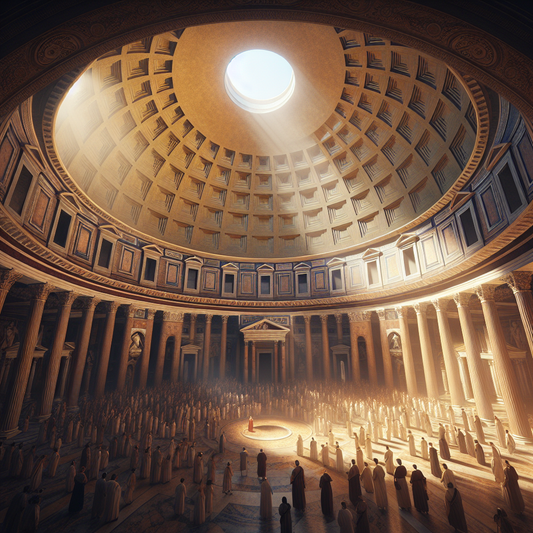 Interior view of the Pantheon dome showcasing its oculus bathed in soft sunlight, illustrating ancient Roman architectural mastery.