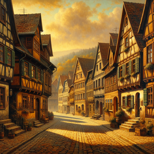 A peaceful German village street on a quiet Sunday morning with empty sidewalks, closed timber-framed shops, and soft golden natural light, capturing cultural tranquility in a painterly historical style.