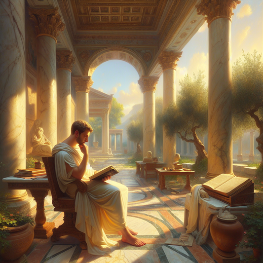 A Roman philosopher in a toga reads ancient and modern texts in a serene garden setting, blending historical and contemporary elements.