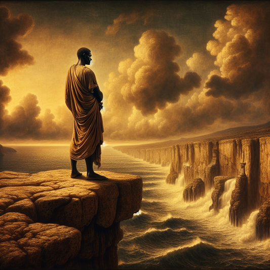 An ancient philosopher in a toga stands on a cliff, overlooking crashing waves, symbolizing stoic resilience in a cinematic style.